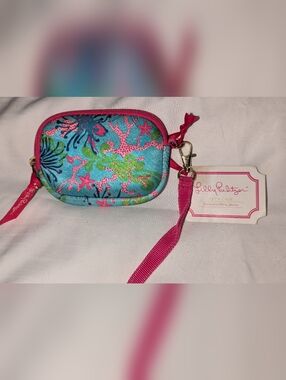 Lilly Pulitzer Tech Case Turquoise & Hot Pink Coral Print Mini Wristlet
